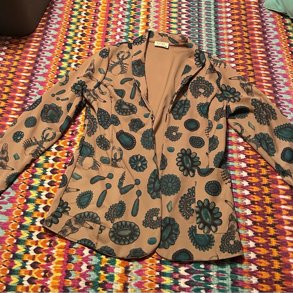 Avery Tan Western Blazer with Turquoise and skull pattern
